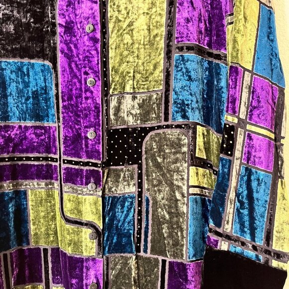 Lutar Womens Medium Purple Black Silk Blend Patchwork Velvet Tunic Shirt/Jacket - Picture 3 of 8
